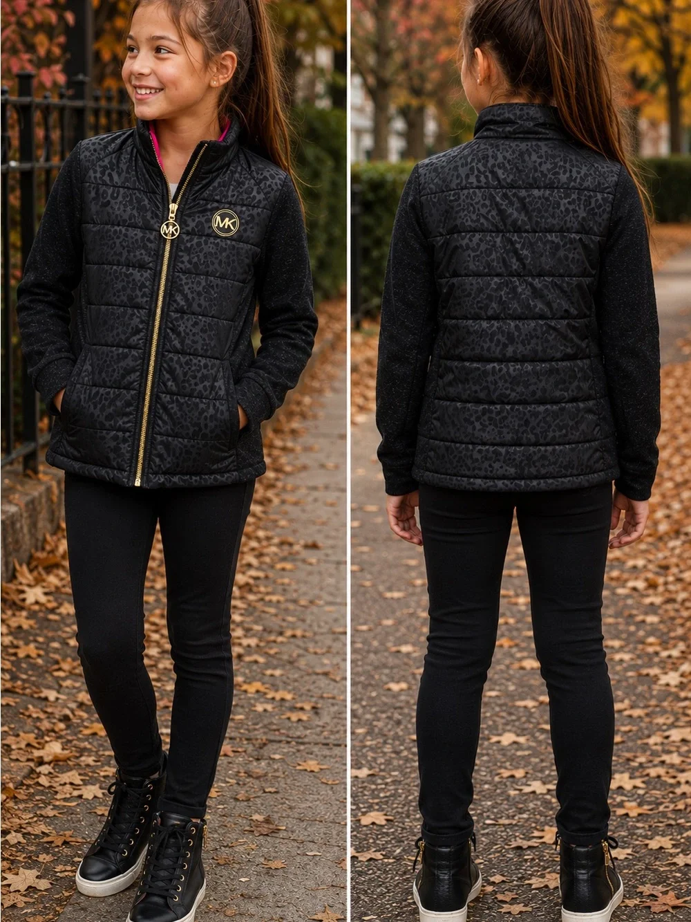 Michael Kors Girls Black Leopard Puffer Hybrid Jacket Size 10/12 Kids